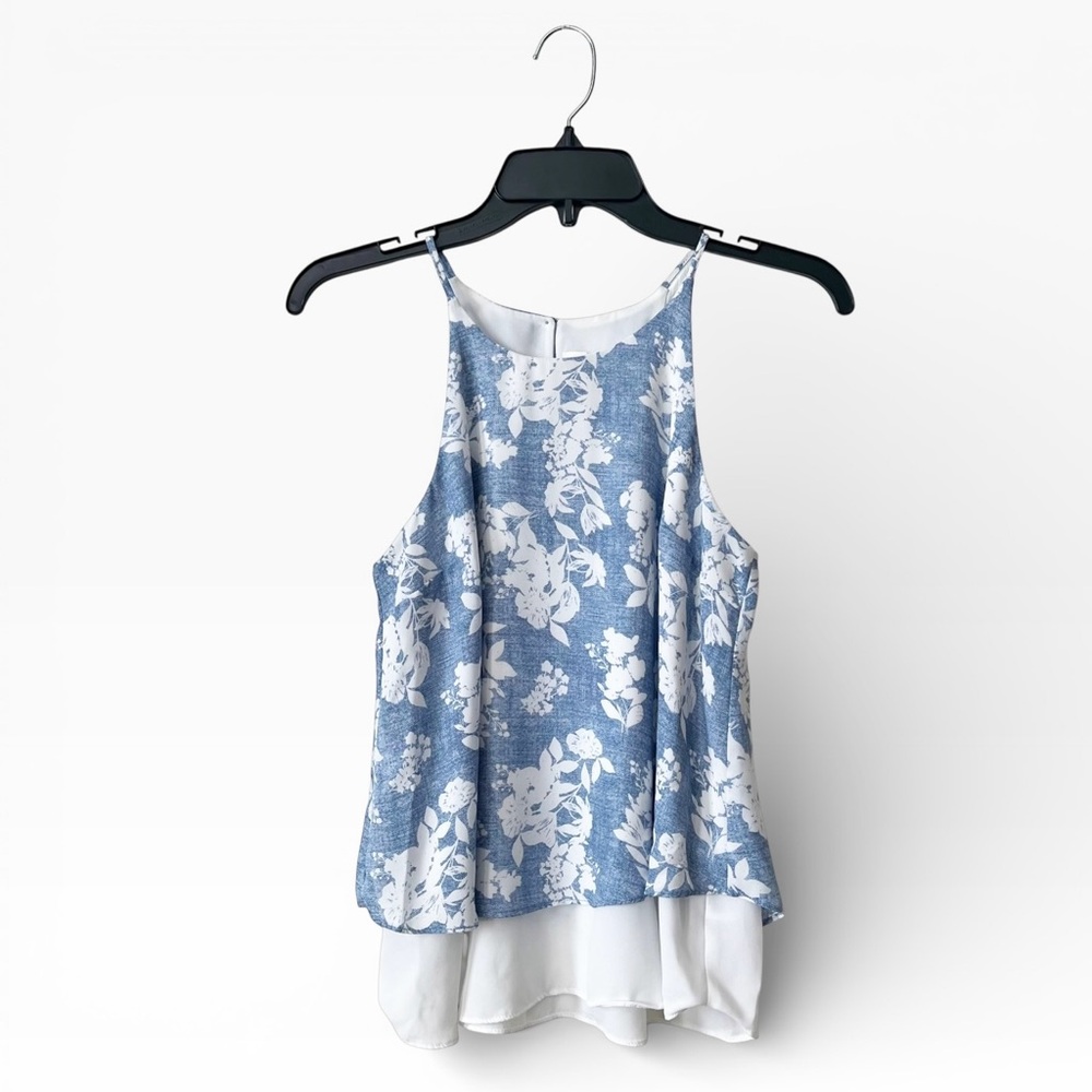 Pink Rose Tank Top Women's Size S Blue Floral Overlay Sleeveless Airy Strappy